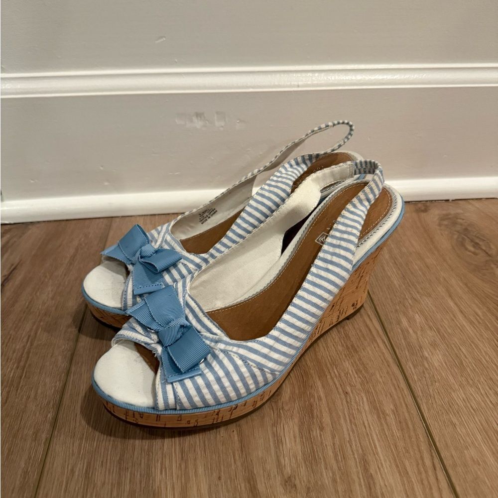 Sperry Blue and White Nautical Wedge Sandals with bows
